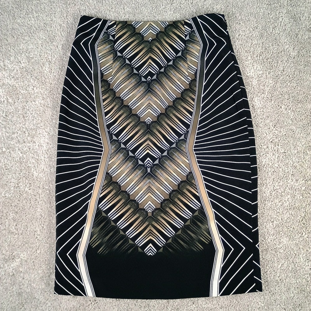 Worthington Pencil Skirt Size 4 Geometric Art Deco Black Tan Lined Career